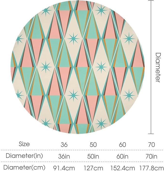 Mid Century Round Tablecloth, Vintage Bohemian Modern Mid-Century 50s 60s Print Tablecloth for Home Party Dining Room Kitchen Decor 60Inch(152cm)