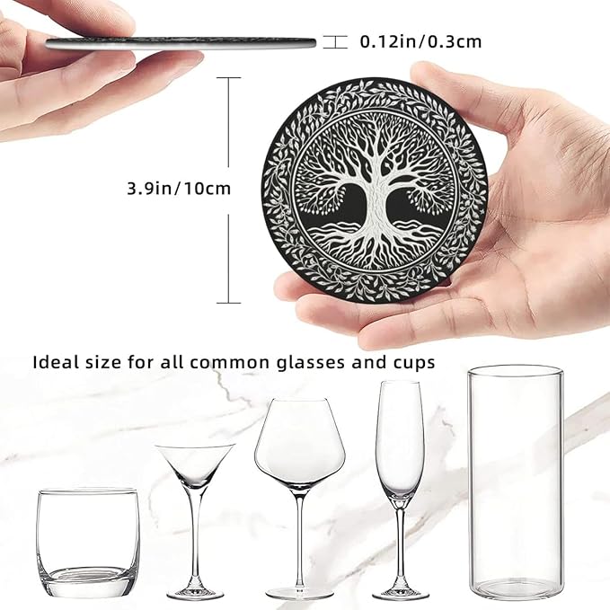 Drink Coasters with Holder Stand Set of 6, Tree of Life Stamp Pu Leather - Image 3