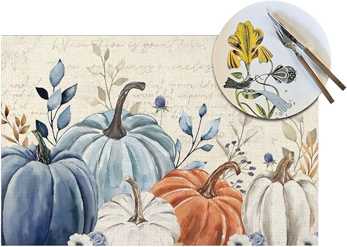 Fall Placemats 12x18 Inches Set of 4,Orange Blue Pumpkin Decorative Rectangle Autumn Thanksgiving Pumpkin Table Mats for Party, Home Kitchen,Dining Table Decoration
