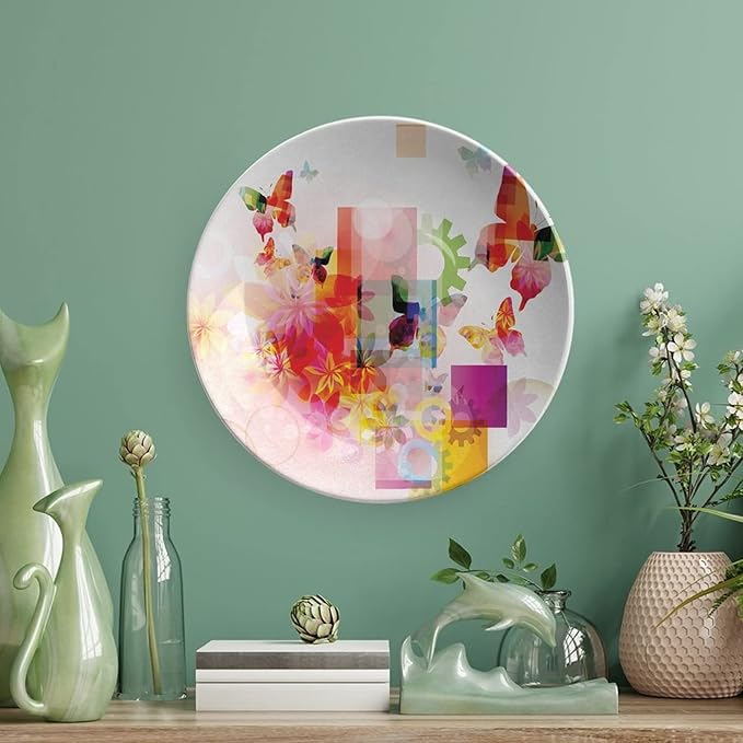 Decorative Plates, Abstract Print Ornament, Natural Design Flowers Leaves Squares Rounds, 10 Inch, 1 Plate with 1 Display Stand, Multicolor
