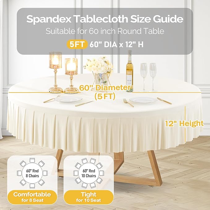 8 Pack Ivory Spandex Round Tablecloths for 60 inch Tables, Stretchy Fitted 5FT Round Table Cloths with Skirt for Wedding Party Dining Banquet