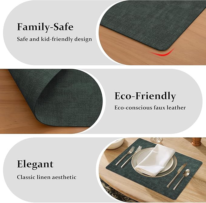 FROMHEART Faux Leather Placemats Set of 8–Waterproof,Heat/Oil Stain-Resistant PU Table Mat–Reversible,Non-Slip,Easy to Clean Place Mats for Kitchen,Dining,Indoor/Outdoor,(Dark Green,11.8" x 17")