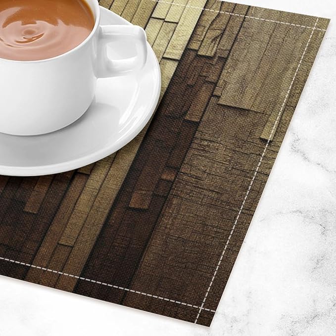 Retro Plank Placemat Set, Rural Old Shabby Brown Beige Farmhouse Barn Wooden Board Pattern Home Decor Linen Table Mats for Dining Room Kitchen Party (17x12in) x4P