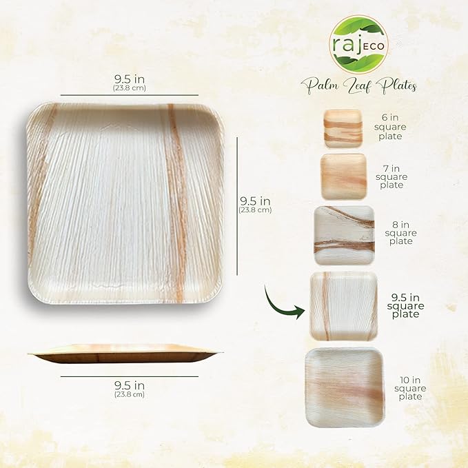 Raj Palm Leaf Plates [200-Pack] Large Square Plates like Bamboo plates Disposable, Strong, Decorative Compostable Tableware for wedding, Lunch, Dinner, Birthday, Camping, Outdoor BBQ, Picnic