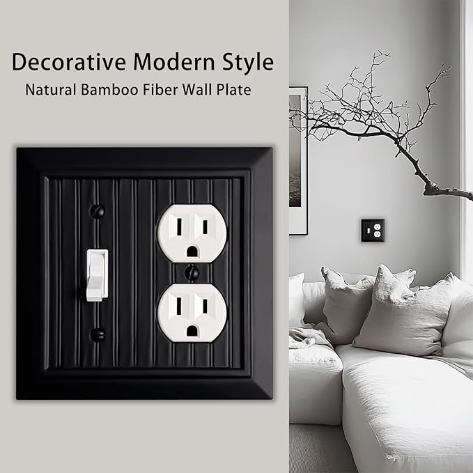 Beadboard Outlet Covers Wall Plates, Bamboo Fiber Light Switch Covers, Natural Material Electric Receptacle Decorative Switch Plate Outlet Cover Matte Black (2 Gang Toggle/Duplex 2 Pack)