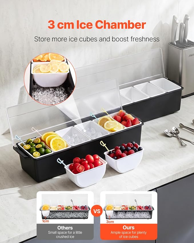 VEVOR Ice Cooled Condiment Serving Container, 6 Compartments Chilled Server - Image 2