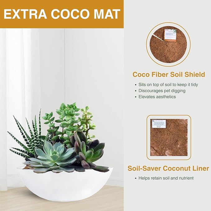 7.7" H x 22" D Round Bowl Fiberstone Planter for Succulent and Lotus with Drainage Hole, Smooth Finishes, Weather Resistant, Included 2 Extra Coco Mats (White, 19.9" Pot Opening)