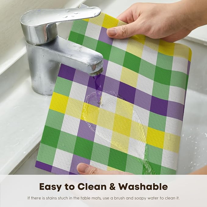 Artoid Mode Buffalo Plaid Vinyl Placemats Set of 4, 12x18 Inch Washable Non-Slip Heat Resistant Plastic Place Mats for Party Dining Table, Purple/Yellow