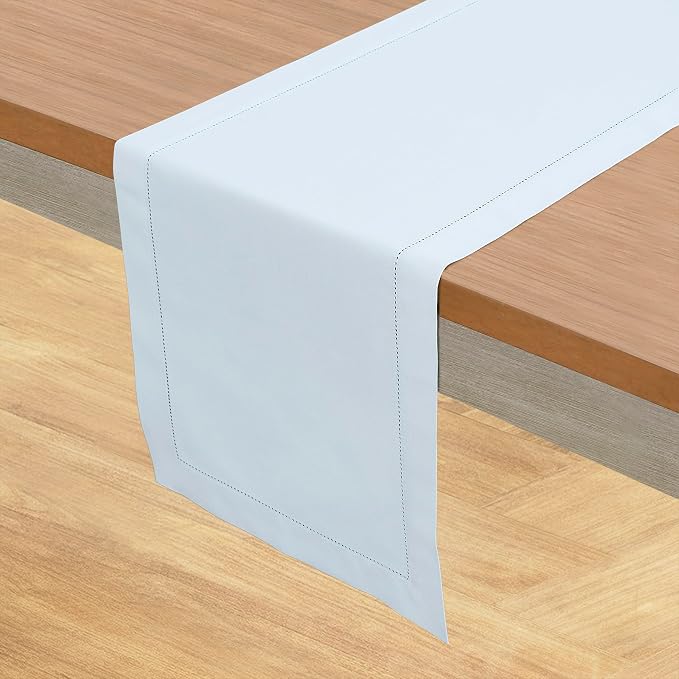 Solino Home Cotton Linen Table Runner Light Blue Hemstitch, 14 x 120 in | - Image 2