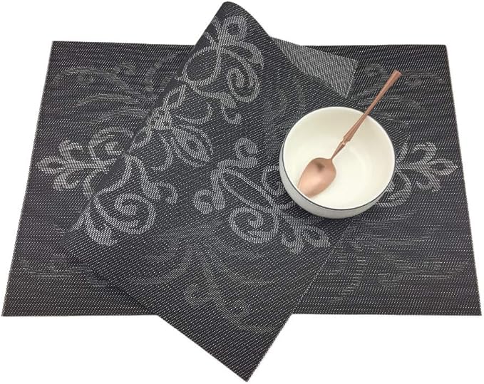 Gugrida Luxury Black Placemats Set of 6 Crossweave Woven Vinyl Placemat for Dining Table Heat Resistant Non-Slip Kitchen Table Mats Easy to Clean