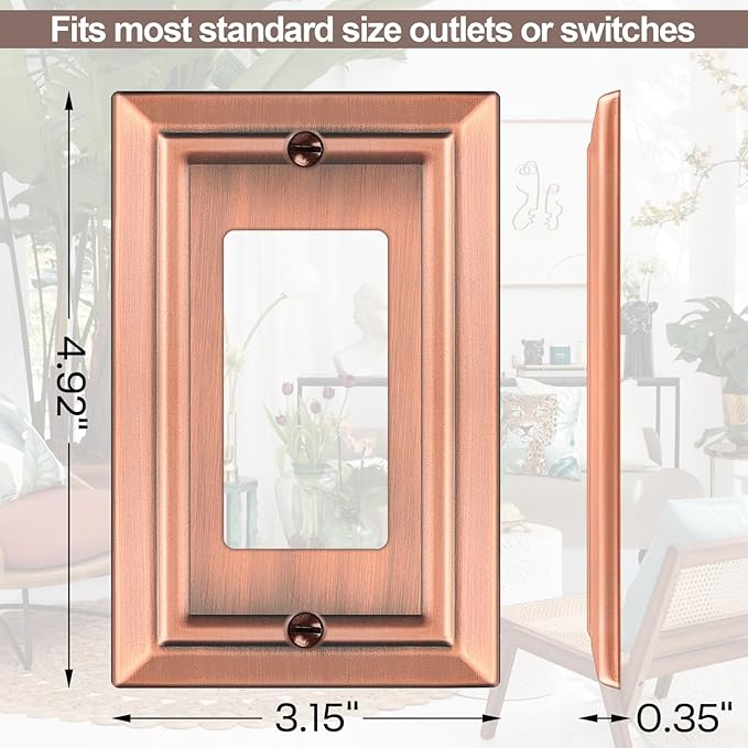 Metal Wall Plate for Electrical Outlets, Decorative Antique Copper Switch Plates Outlet Cover, Light Switch Cover Plate, 1-Gang Wall Plates (Single Decoretor, 6 Pack)