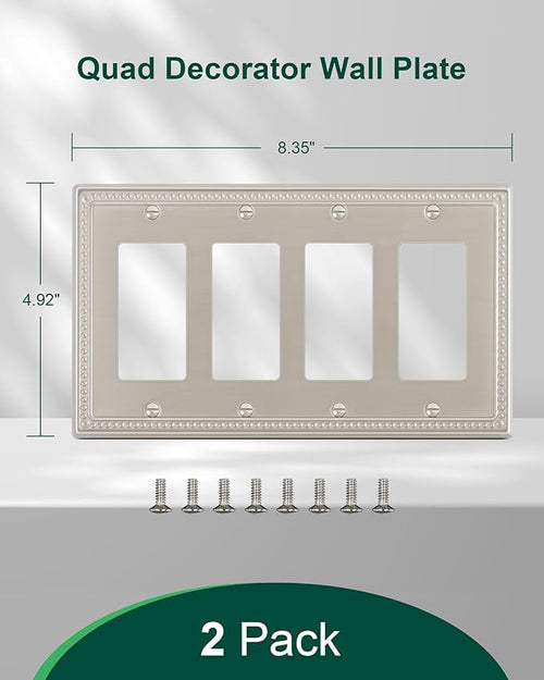 2-Pack Quad Decorator Outlet Cover Plate, Pearls Decorative Switch Plates and Outlet Covers, 4 Gang Brushed Nickel Metal Wall Plates, Corrosion Resistant