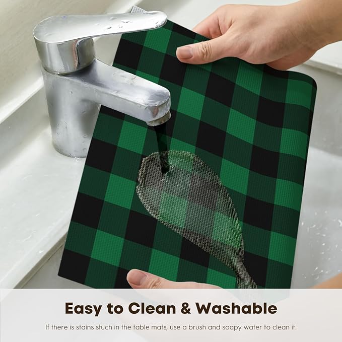 Artoid Mode Buffalo Plaid Vinyl Placemats Set of 4, 12x18 Inch Washable Non-Slip Heat Resistant Plastic Place Mats for Party Dining Table, Black/Green