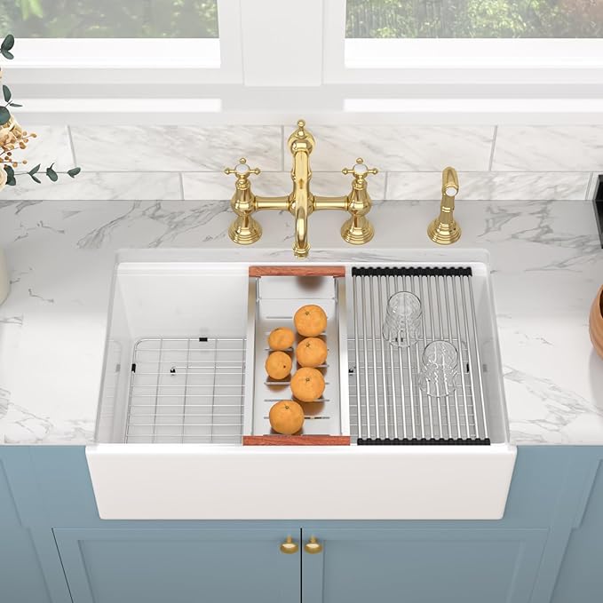 Sarlai 33 Inch Farmhouse Sink White Kitchen Sink Apron Front 33 x 20 Ledge Workstation Farm Fireclay Porcelain Ceramic Undermount Farmer Farm Kitchen Sinks Basin With Gold Drainer