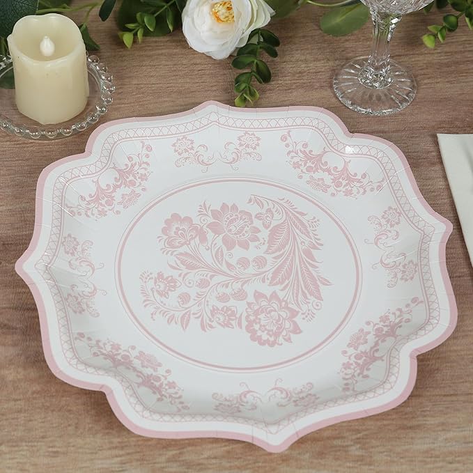 50 Pack 10" White Pink French Toile Dinner Plates, Disposable Round Paper Party Plates 300 GSM for Festive Table Decoration
