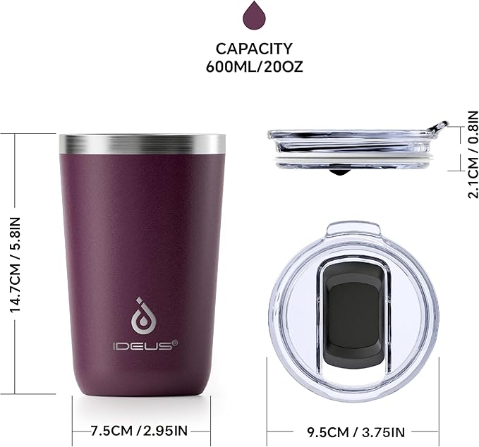 Ideus 20 oz Tumbler, Travel Coffee Mug with Splash Proof Sliding Lid, Double Wall Stainless Steel Vacuum Insulated Coffee Mug for Home and Office, Keep Beverages Hot or Cold, Red Violet
