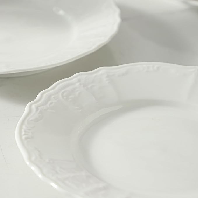 Neaylfe 8 Piece Embossed Ceramic Appetizer & Dessert Plates, 7.4 Inch White Round Dinner Plates for Salad, Snack, White Kitchen Dinnerware Dishes Set, Dishwasher & Microwave Safe