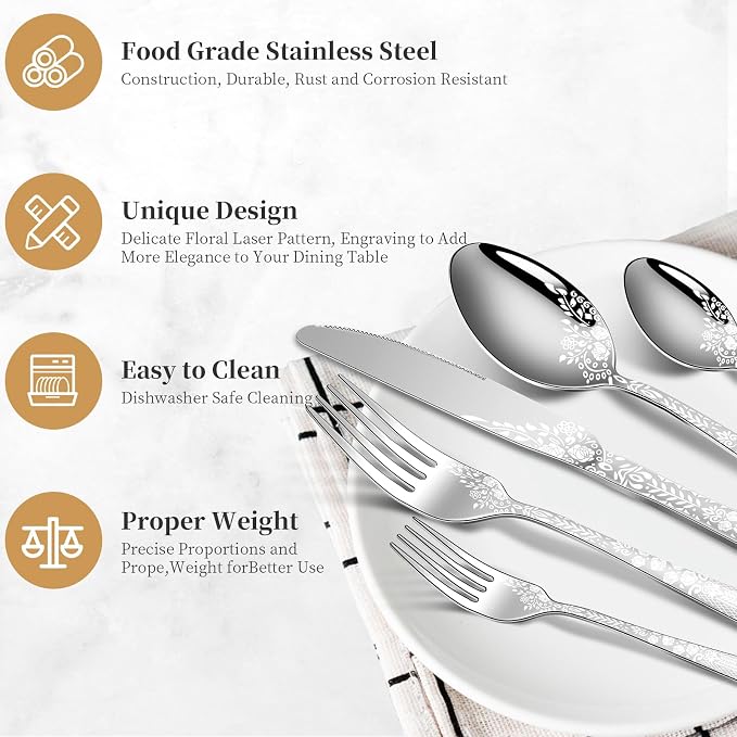 40 Piece Silverware Set, Stainless Steel Flatware Cutlery Set Service - Image 3
