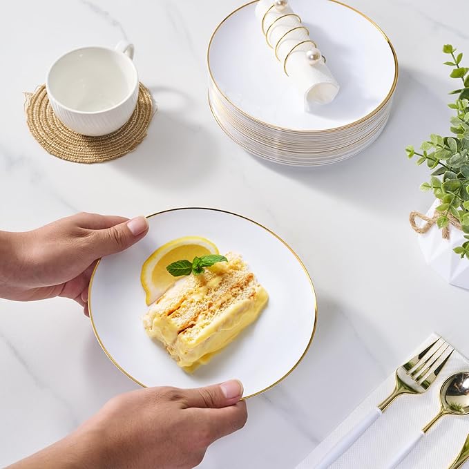 FOCUSLINE 100 Count Gold Plastic Plates 7 Inch, Disposable Heavy Duty Salad Dessert Plates, Premium Hard Plastic Plate Disposable with Gold Rim for Wedding Parties