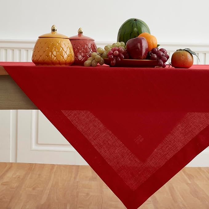 Solino Home Linen Red Square Tablecloth 52 x 52 Inch - 100% Pure Linen Table Throw - Fete, Machine Washable Table Cloth for Valentines, Winter