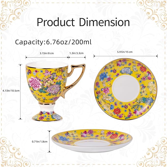 KAMMAK Tea Cup and Saucer, Ceramic Coffee Cups, 7 oz, Afternoon Tea and - Image 2