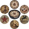 Western Cowboy Coasters for Drinks with Holder Round Leather Coasters Set of 6 Cups Mugs Mat Pad for Home Kitchen Bar