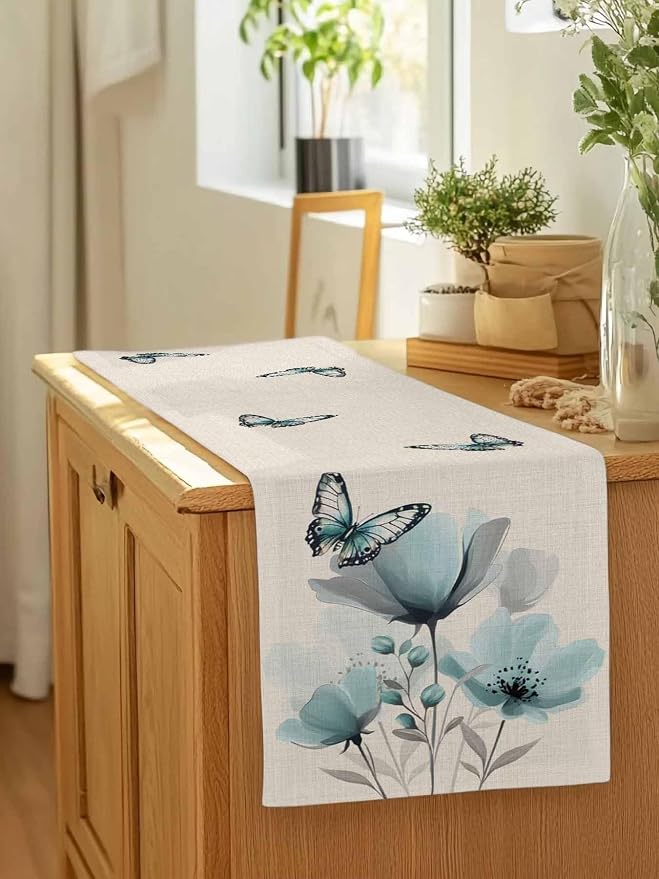 Turquoise Floral Table Runners 36 Inches Long, Spring Flowers Butterfly Table - Image 7