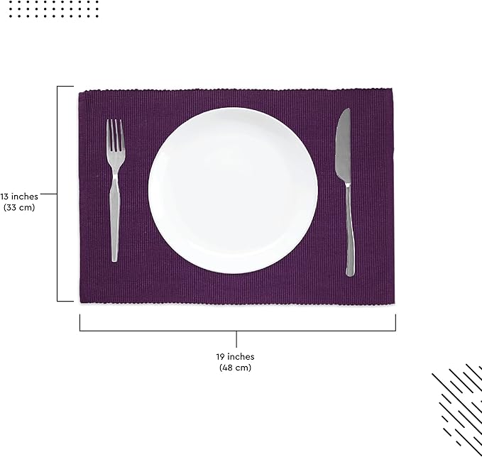 Encasa XO Dining Placemat Set of 6 | Purple Color | Fine Ribbed Cotton Table mat | Size 19x13 in | Machine Washable