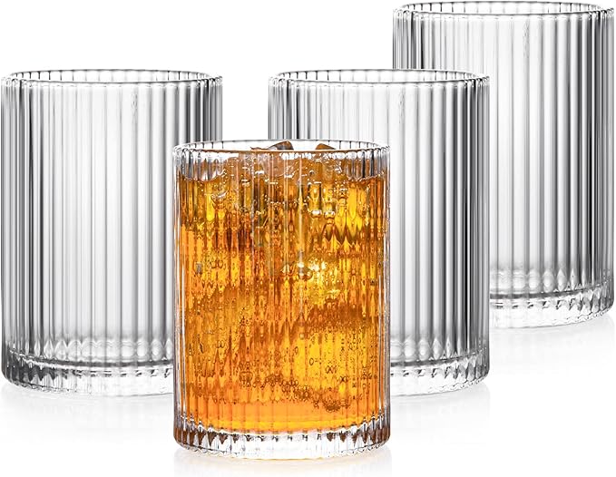 Drinking Glasses with Origami Style Set of 4 Glass Cups, 9oz Ribbed Glassware by Polishyourdreamlightupthefuture