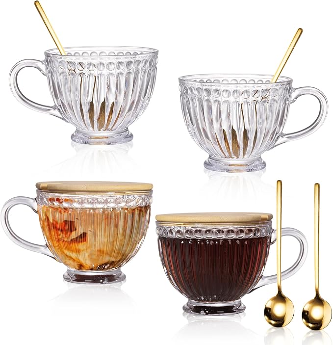 Cididu Large Glass Vintage Latte Mugs Set of 4, 12 Oz Ribbed Cups - Image 8