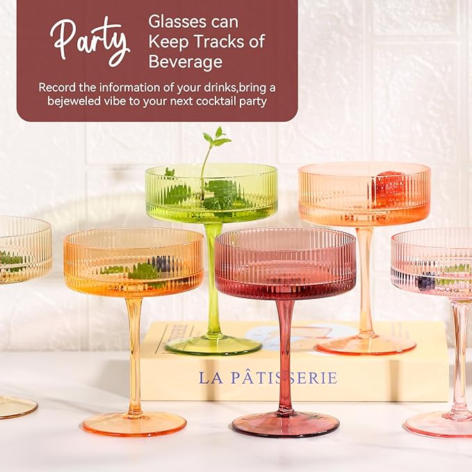 9 oz Colored Coupe Glasses Set of 6 Ribbed Colorful martini Glasses for espresso dessert