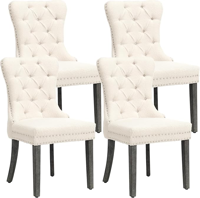 KCC Boucle Dining Chairs Set of 4, Upholstered High-end Tufted Dining Room Chair with Nailhead Back Ring Pull Trim Solid Wood Legs, Contemporary Nikki Collection Modern Style for Kitchen, Cream