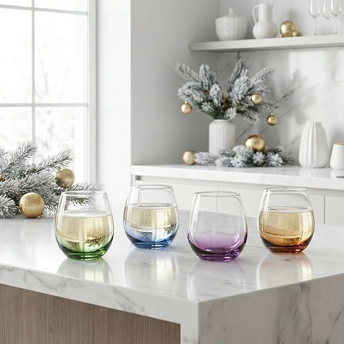 ColoVie 15oz Stemless Wine Glasses Set of 6, Lead-Free Crystal Colored Gradient Wine Glass, Iridescent Ombre Glassware for Red & White Wine, Unique Housewarming & Birthday Gifts for Women