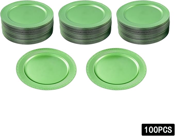 100 PCS Antique Charger Plates, Vintage Round Plastic Dinner Plates with Textured Edges, Stackable Tabletop Chargers for Weddings Parties Restaurants (Green)