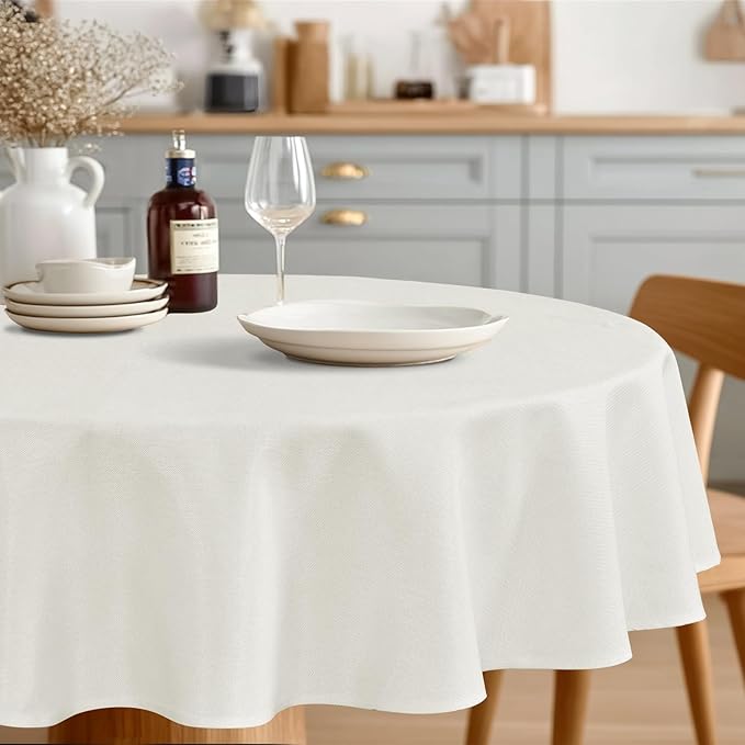JIUZHEN Round Table Cloth Faux Linen Farmhouse Tablecloth Wrinkle and Stain Resistant Decorative Fabric Table Cover for Kitchen, Dining Room, Parties and Camping, White, 108 Inch Round