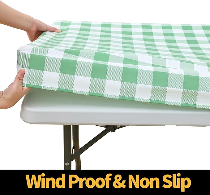 Smiry Rectangle Picnic Table Cloth, Elastic Waterproof Fitted Vinyl Tablecloths, Flannel Backed Buffalo Plaid Table Covers for Dining, Camping, Outdoor (Sage Green and White, 30" x 72")