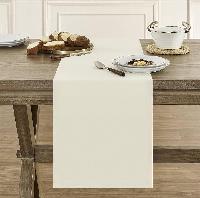 Basic Linen Style Table Runner, 14x48 Inch Ivory | Mitered Corner Design - Image 2