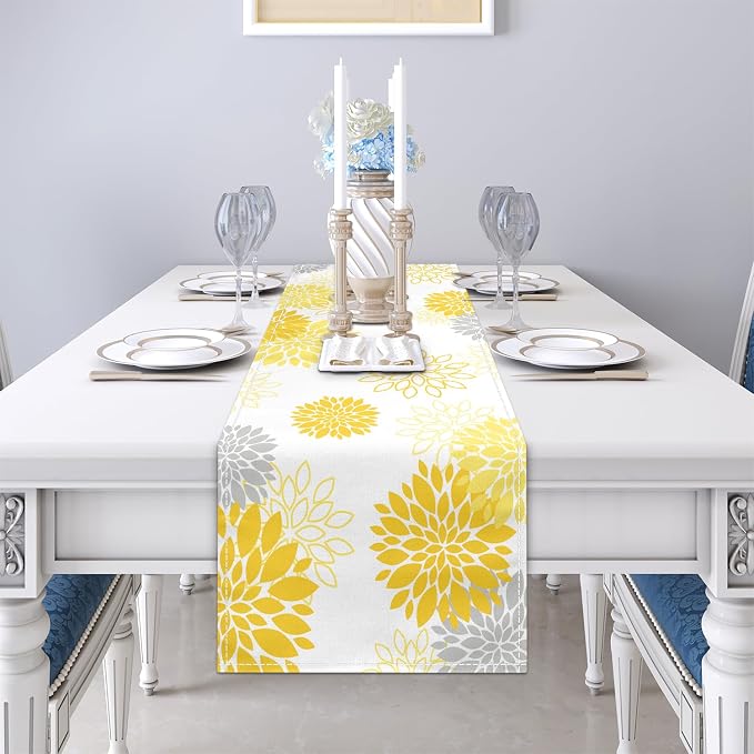 Dahlia Flower Table Runner 13x90 Inch Farmhouse Yellow Gray Runners Modern - Image 3