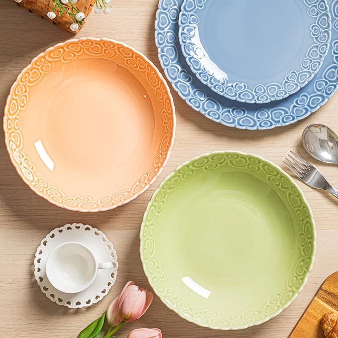 HOMBENE Heartbeat Pasta Bowls Set of 4, 28oz Salad Bowls Soup Bowl for Kitchen, Porcelain Wide and Shallow, Noodle, Soup, Pasta,Dinner, Microwave & Dishwasher Safe (Mint Glow Green)