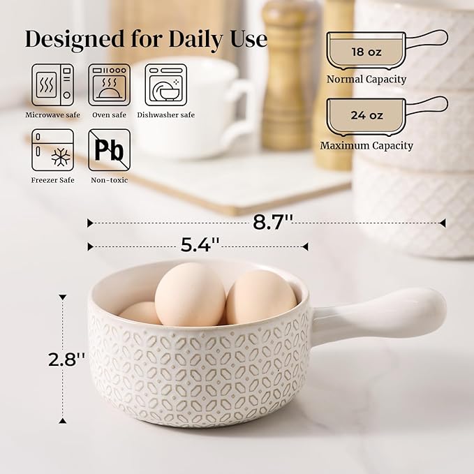 DOWAN French Onion Soup Bowls, 18 Oz Soup Bowls with Handles, Oven Safe Stackable Ceramic Soup Crocks for Chili, Beef Stew, Microwave & Dishwasher Safe Set of 4