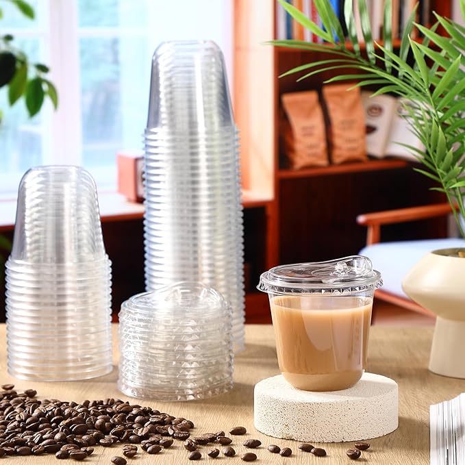 50 Sets Clear Plastic Cups with Strawless Sip Lids, Thickened Clear Disposable Plastic PET Crystal Cups for Iced Coffee, Smoothie, Cold Beverage, Drink Shops and Party Catering (10 oz)
