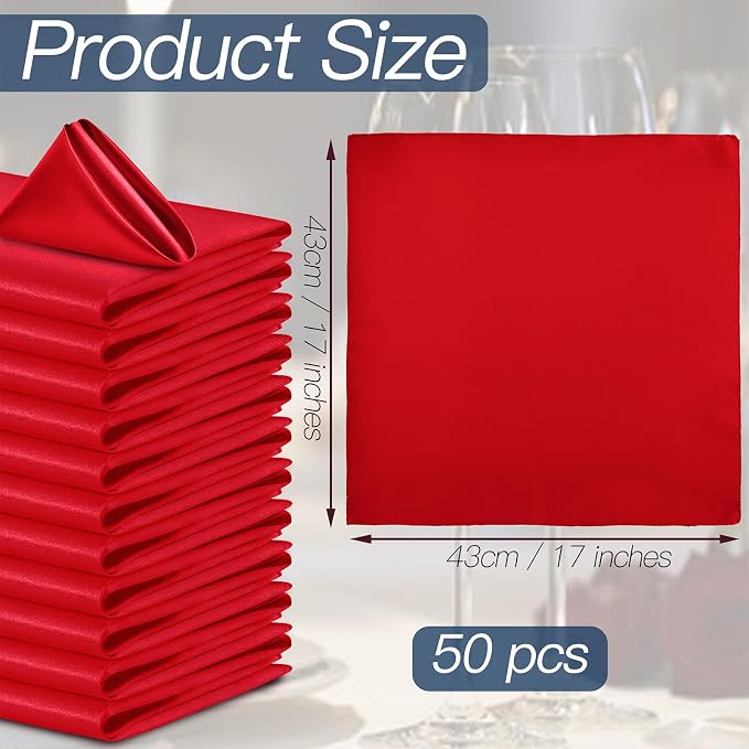 P Pothuiny 50 Pcs Red Satin Napkins 17 x 17 Inch, Satin Cloth Napkins | Square - Image 2