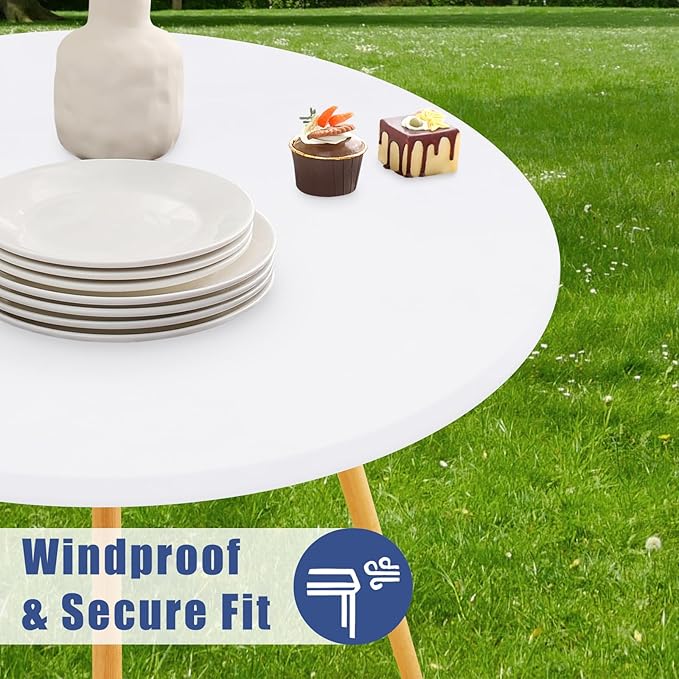Round Spandex Tablecloth, Elastic Fitted Waterproof Tablecloths for 36"-44" Tables, Stretch Washable Picnic Table Cover for Camping, Dining, Indoor and Outdoor, White