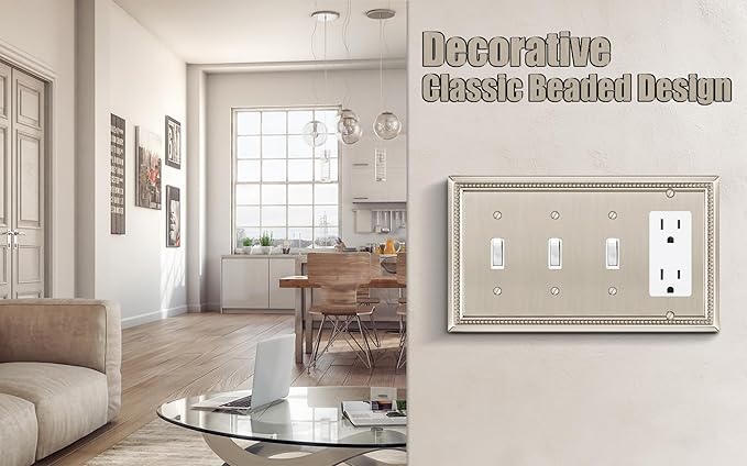 Henne Bery Sunken Pearls Heavy Duty Decorative Wall Plate Switch Plate Outlet Cover (Triple Toggle/Single Decorator, Satin Nickel)