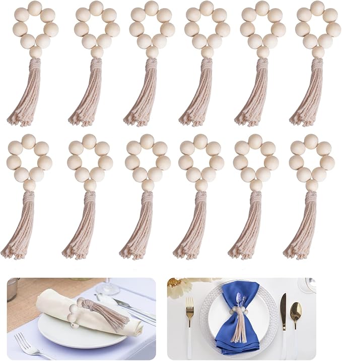 Napkin Rings Set of 12, Handmade Farmhouse Wood Beaded Napkin Ring by Suswillhit