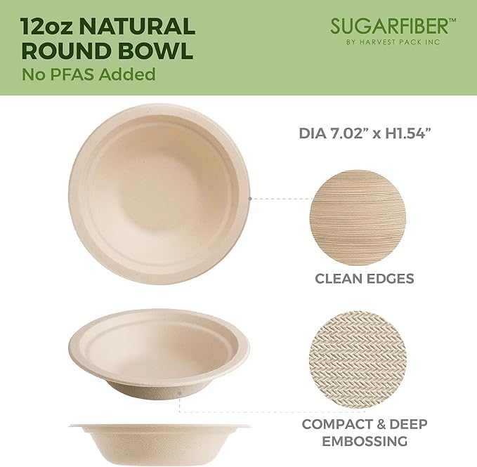 [600 Count] Harvest Pack PFAS Free 12oz Round Compostable Paper Bowls Bulk, Disposable Heavy-Duty Eco-Friendly Bagasse Bowls, Sugarcane Natural Plant fibers for Meal Prep Takeout Dinnerware
