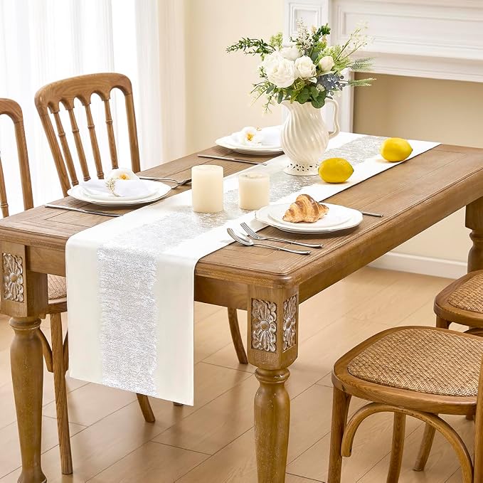 Metallic Style Silver Table Runner, Table Runners 90 Inches Long | Cotton Linen - Image 2
