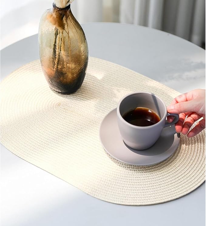 FunWheat Oval Braided Placemats Set of 4 Table Mats for Dining Tables Washable Heat Resistant Place Mats for Indoor Outdoor Use 12 x18 Inch(Oval Beige, 4pcs)