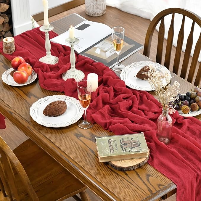 Artoid Mode Boho Cheesecloth Gauze Red Wedding Table Runner, 120 Inch Seasonal - Image 2