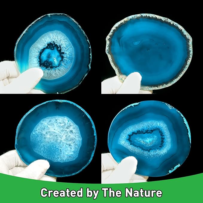 Agate Coaster Set of 4 for Drinks, Stone Coaster for Coffee Table 3.5-4" Geode Coaster Decor for Housewarming, Birthday, (Blue)
